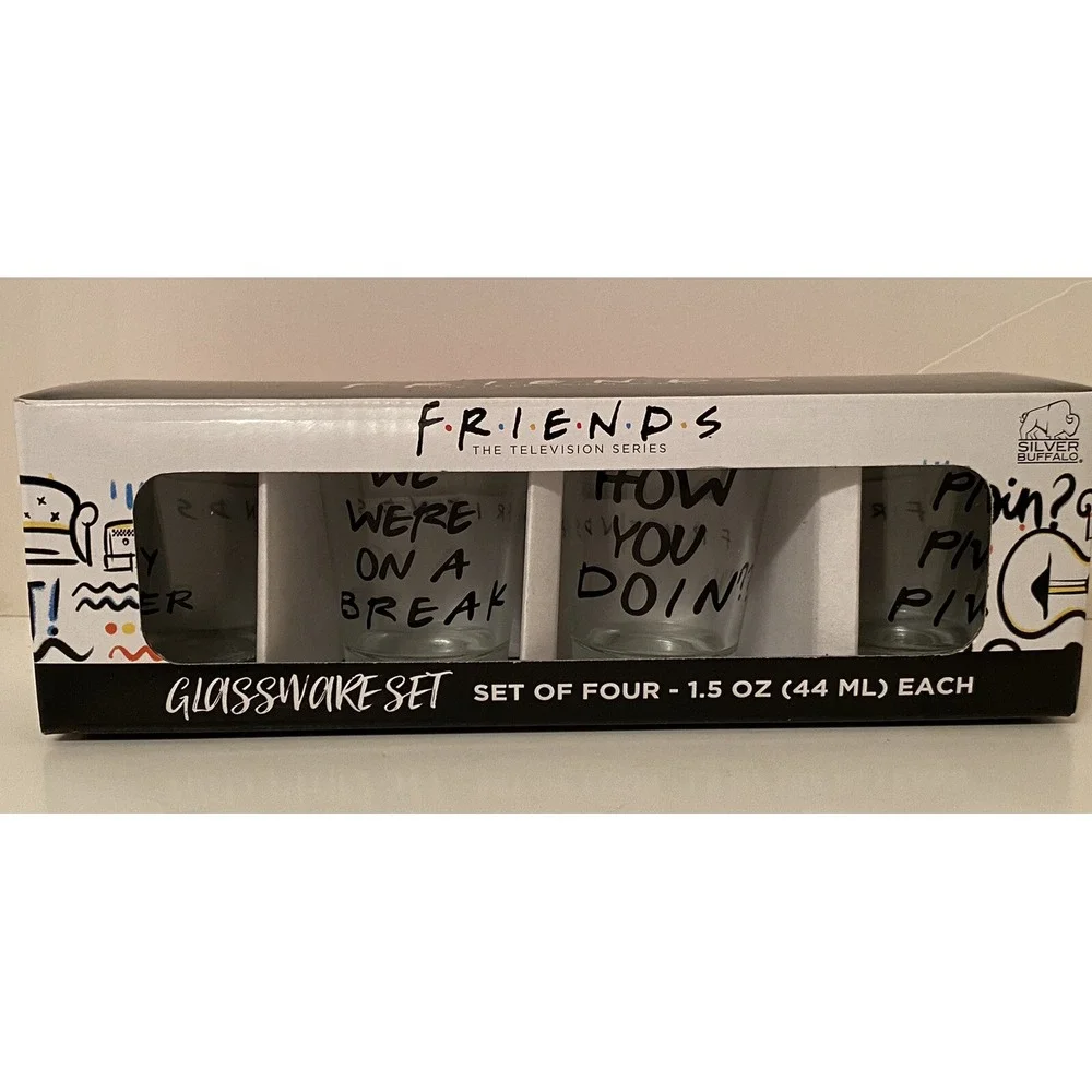 Silver Buffalo Friends TV Show Shot Glass Set 4 Pack 1.5oz Quotes Clear Glass